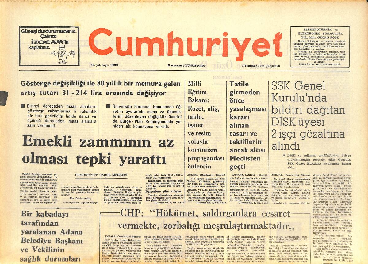 Cumhuriyet Gazetesi 2 Temmuz 1975 - Emel Sayın Konser - Muhammed Ali: Yerimi Ancak Bugner Doldurabilir! GZ143456 - 1