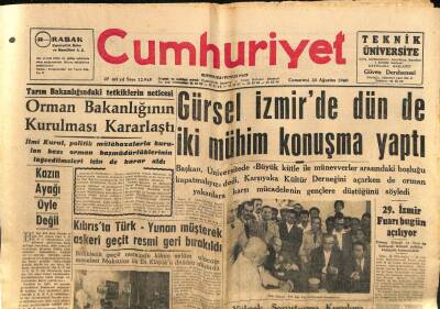 Cumhuriyet Gazetesi 20 Ağustos 1960 - Orman Bakanlığının Kurulması Kararlaştı GZ70167 - 2