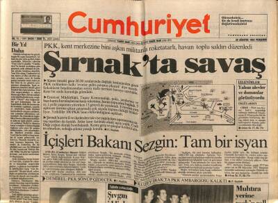 Cumhuriyet Gazetesi 20 Ağustos 1992 - Şırnakta Savaş GZ65147 - 2