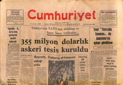 Cumhuriyet Gazetesi 20 Aralık 1968 - 355 Milyon Dolarlık Askeri Tesis Kuruldu - Johnsonun Kızı , Uçağa Kadar Otomobille Gitti GZ119144 - 1