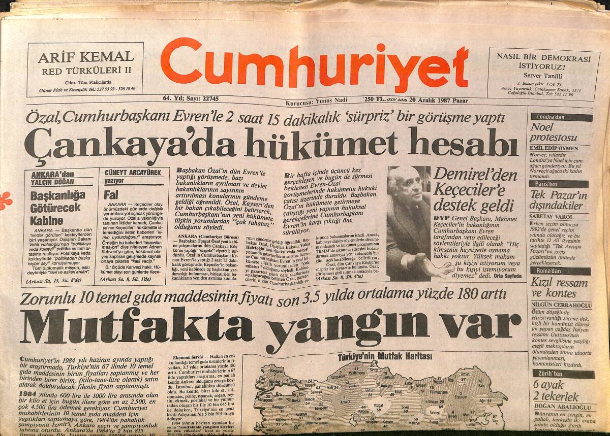 Cumhuriyet Gazetesi 20 Aralık 1987 - İbrahim Tatlıses'in Milyarlık Villası - Naim Süleymanoğlu'nun 3 Yeni Dünya Rekoru GZ140018 - 1