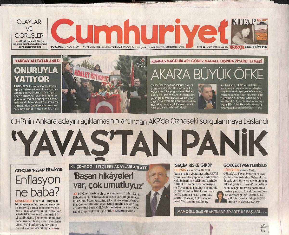 Cumhuriyet Gazetesi 20 Aralık 2018 - Özhaseki Sıkıntısı - Eski Askerler Akar'ı Yalanladı - Ali Tatar Unutulmadı GZ135359 - 1