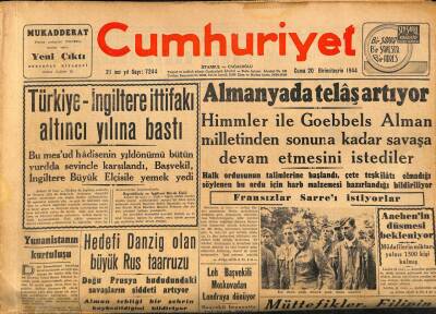 Cumhuriyet Gazetesi 20 Ekim 1944 - Türkiye - İngiltere İttifakı Altıncı Yılına Bastı GZ70182 - 1