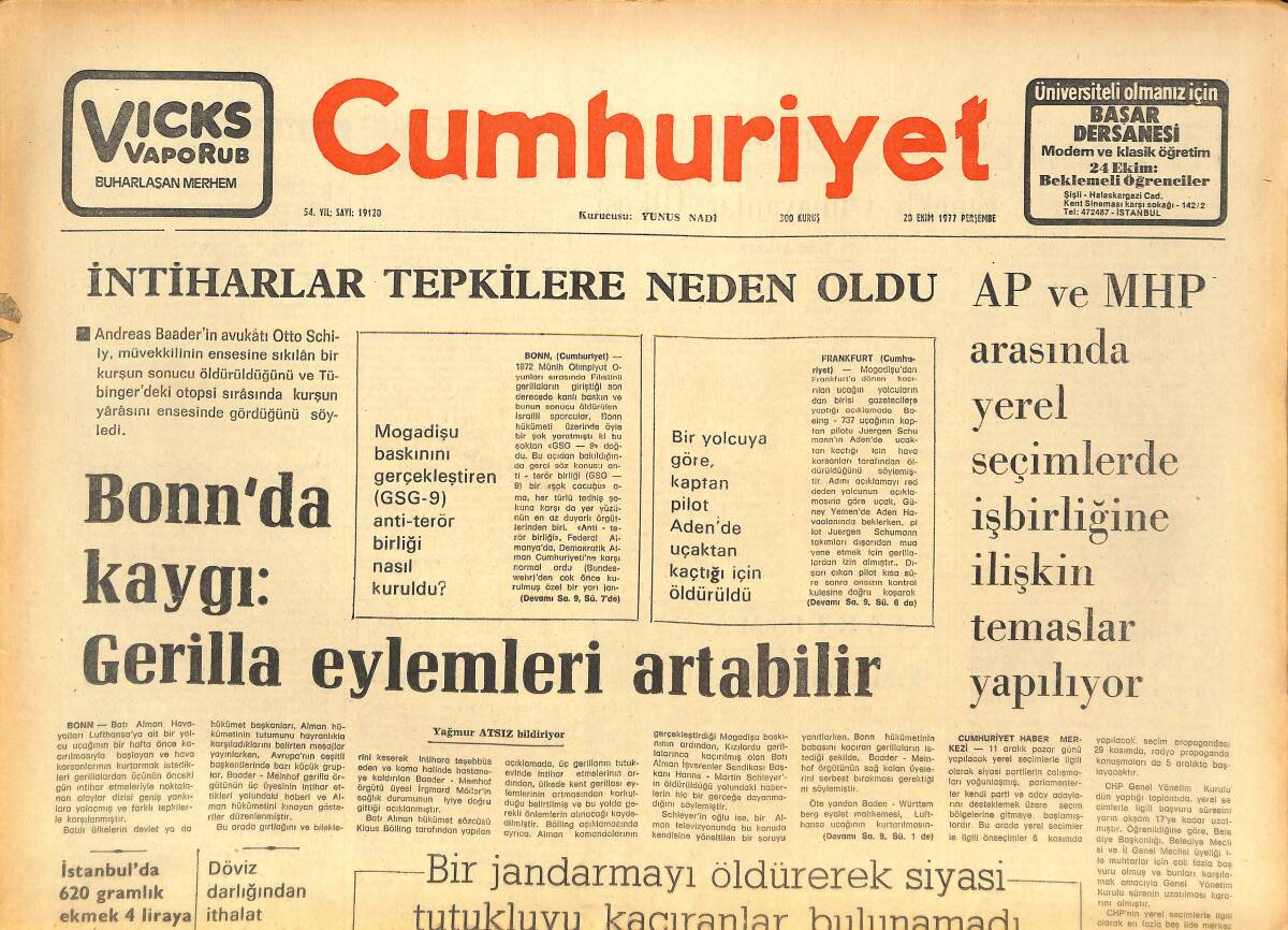 Cumhuriyet Gazetesi 20 Ekim 1977 - İzmir Elektrik Fabrikasında 1 Kasım'da Grev Başlıyor - Bonn'da Kaygı GZ142674 - 1