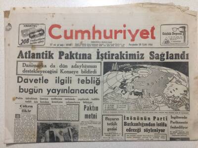 Cumhuriyet Gazetesi 20 Eylül 1951 - Atlantik Paktına İştirakimiz Sağlandı GZ52512 - 1