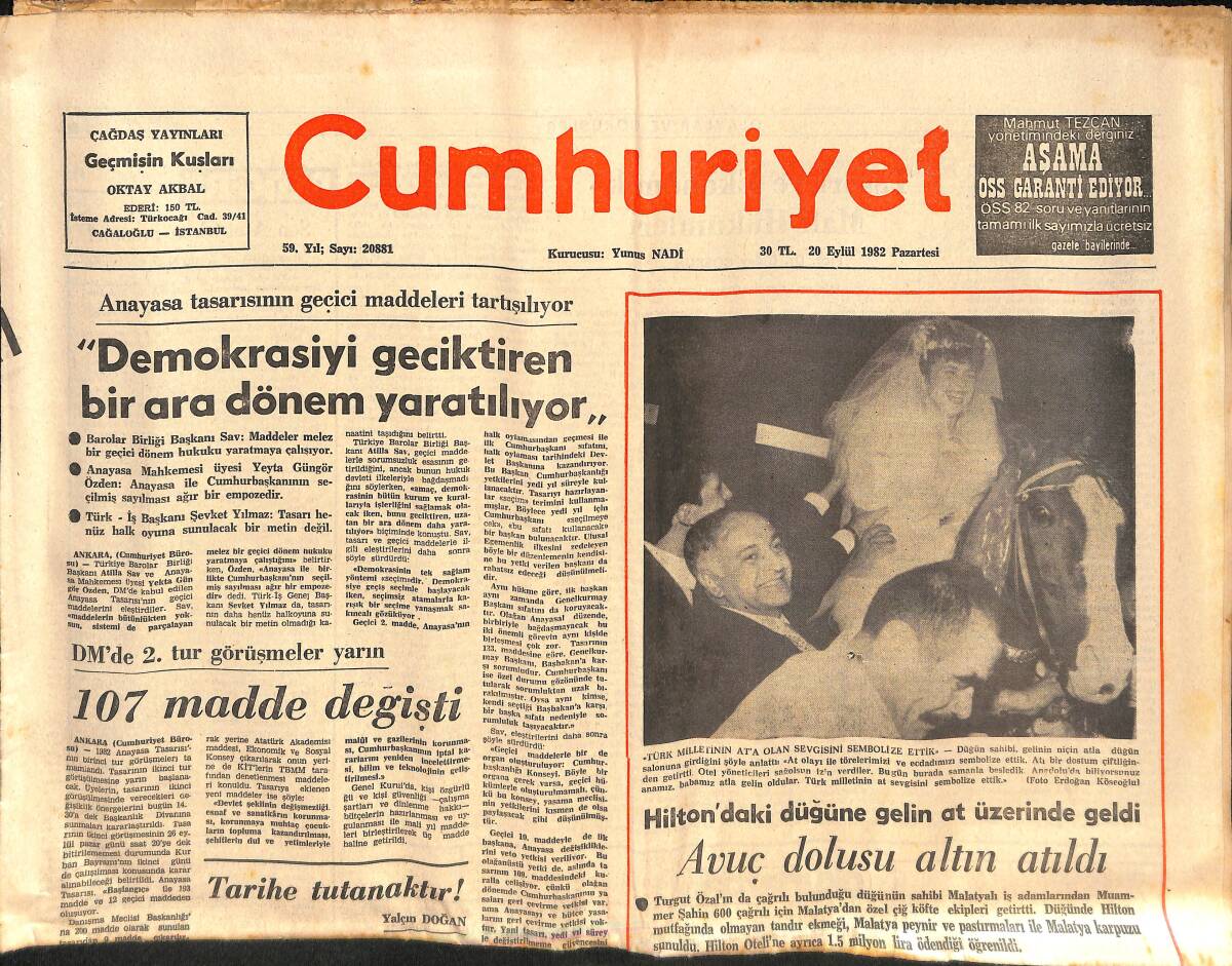 Cumhuriyet Gazetesi 20 Eylül 1982 - Soyer : Ayçiçeğini Düşük Fiyatla Satan Üretici Vebal Altına Girer GZ134164 - 1