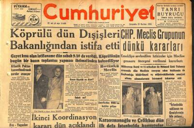 Cumhuriyet Gazetesi 20 Haziran 1956 - Amerikadan 9500 Ton Buğday Geliyor - Köprülü Dün Dışişleri Bakanlığından İstifa Etti GZ119804 - 1