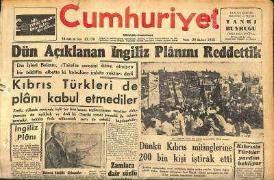Cumhuriyet Gazetesi 20 Haziran 1958 - Dünkü Kıbrıs Mitinglerine 200 Bin Kişi İştirak Etti - Dün Açıklanan İngiliz Planını Reddettik GZ120218 - 1