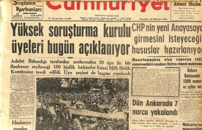 Cumhuriyet Gazetesi 20 Haziran 1960 - Yüksek Soruşturma Kurulu Üyeleri Bugün Açıklanıyor GZ108996 - 1