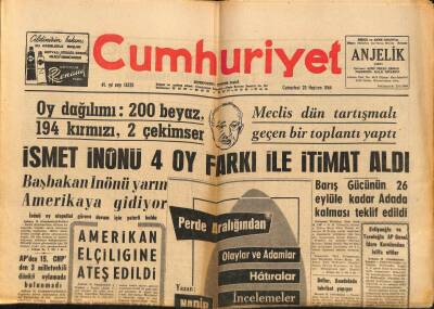 Cumhuriyet Gazetesi 20 Haziran 1964 - İsmet İnönü 4 Oy Farkı İle İtimat Aldı, Amerikan Elçiliğine Ateş Edildi, Fatma Sultan İle Melek Ahmet Paşa GZ88075 - 1
