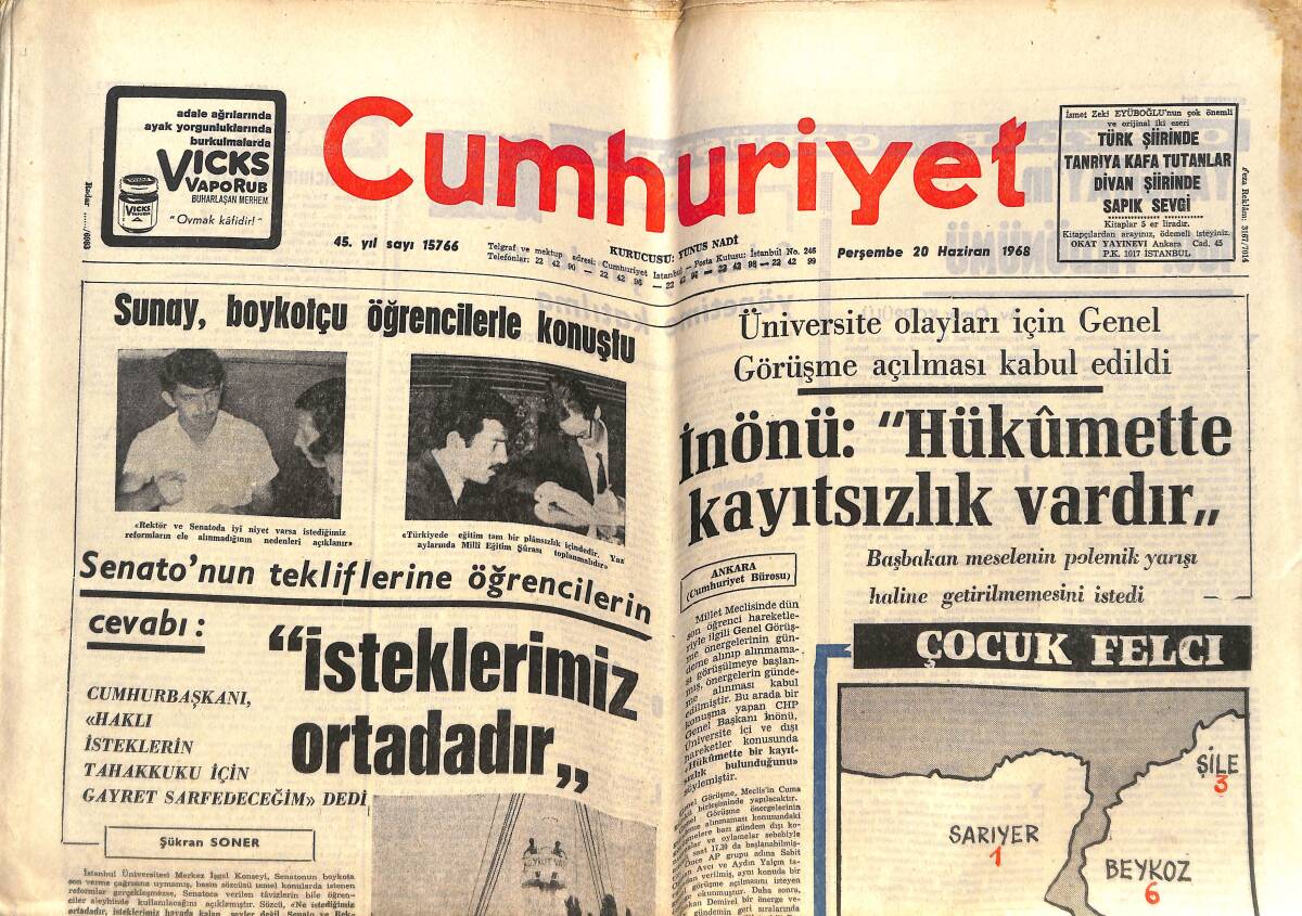 Cumhuriyet Gazetesi 20 Haziran 1968 - İnönü: Hükümette Kayıtsızlık Vardır - Cevdet Sunay Boykotçu Öğrencilerle Konuştu! GZ146455 - 1