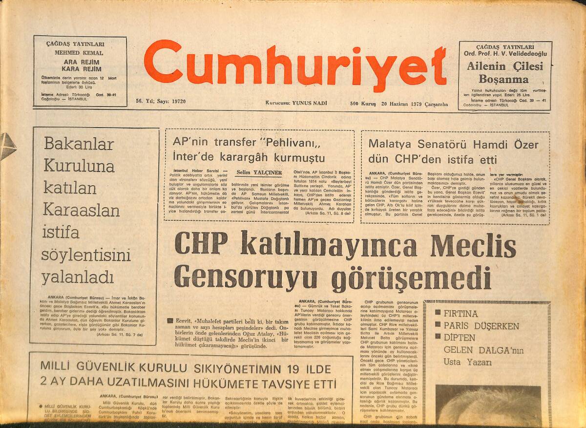 Cumhuriyet Gazetesi 20 Haziran 1979 - CHP Katılmayınca Meclis Gensoruyu Görüşemedi - 71 İşyerinde Toplam 6207 İşçi Grevde GZ143523 - 1