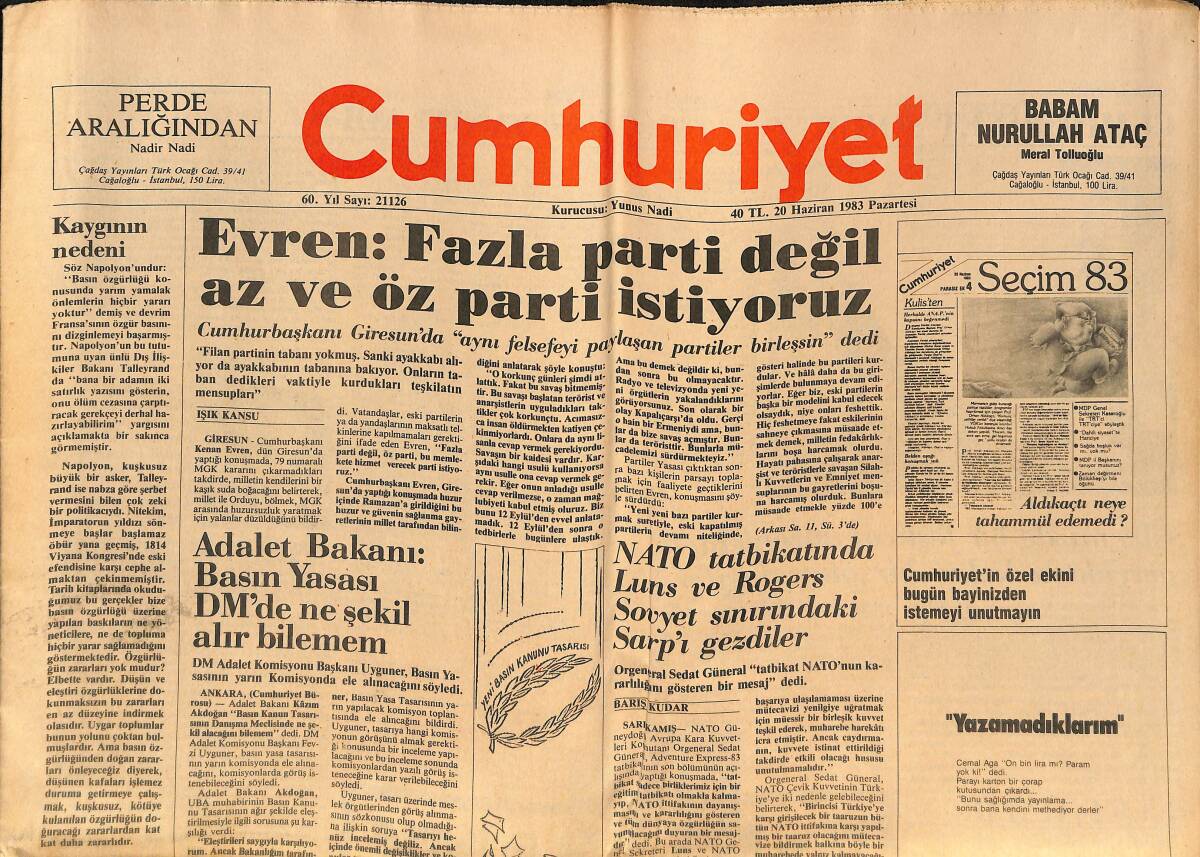 Cumhuriyet Gazetesi 20 Haziran 1983 - İran İle Takas Antlaşması - İstanbul festivali Başlıyor ABD'de Açlık Sorunu GZ132442 - 1