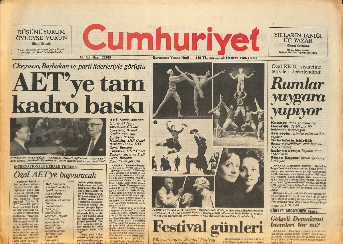 Cumhuriyet Gazetesi 20 Haziran 1986 - Özal : Rumlar Yaygara Yapıyor - İlk 3 Ayın Karşılaştırılması : Turizm Geliri Azaldı Gideri Arttı GZ133881 - 1