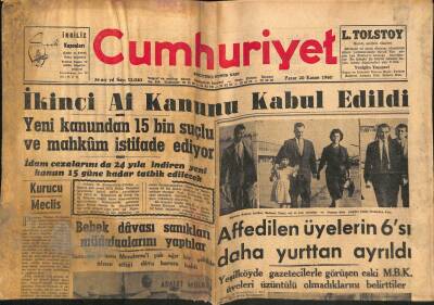 Cumhuriyet Gazetesi 20 Kasım 1960 - İkinci Af Kanunu Kabul Edildi GZ81218 - 1