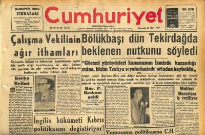 Cumhuriyet Gazetesi 20 Mart 1957 - Bölükbaşı Dün Tekirdağda Beklenen Nutkunu Söyledi - Eminönü Meydanında Yıkılan Binalar GZ120810 - 1