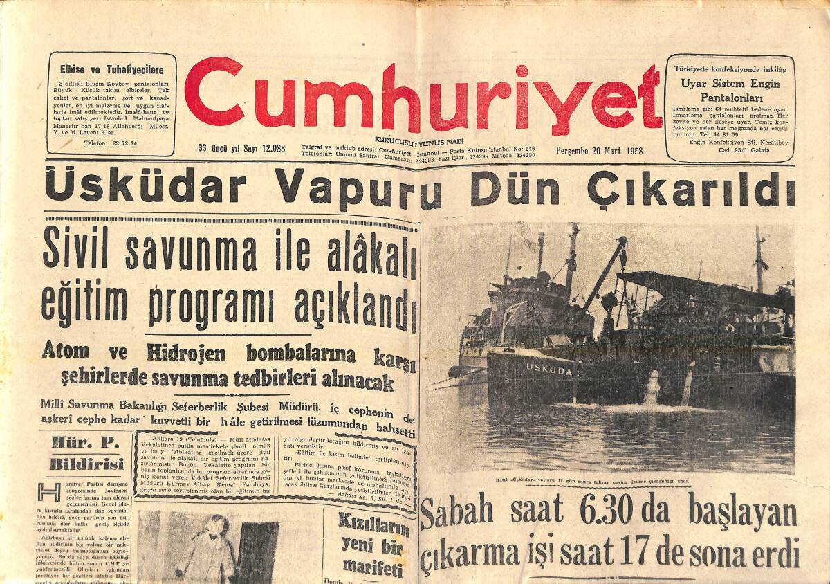 Cumhuriyet Gazetesi 20 Mart 1958 - Üsküdar Vapuru Dün Çıkarıldı - Süreyya'nın Hikayesi - Şah Ona Bir Resmini Göstererek Aşık Olmuştu GZ139151 - 1