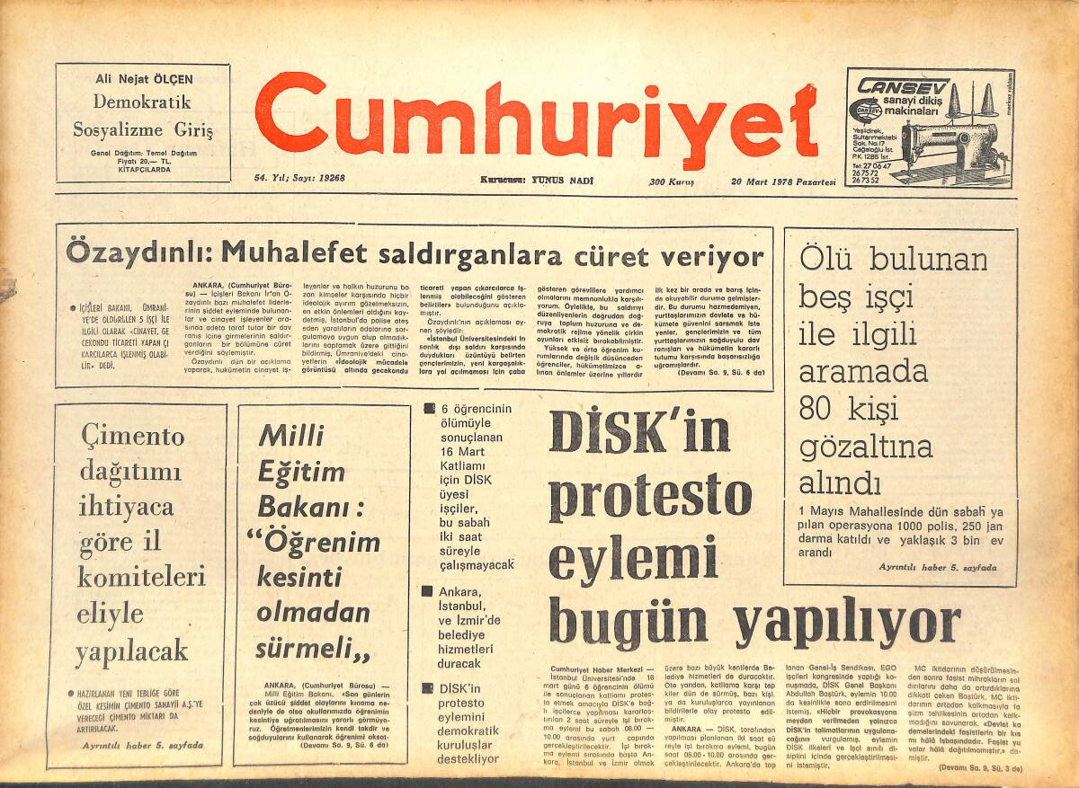 Cumhuriyet Gazetesi 20 Mart 1978 - Hasan Işık: NATO'ya Para Karşılığında Başkalarına Hizmet İçin Girmedik - Galatasaray Galibiyeti Kaçırdı GZ143126 - 1