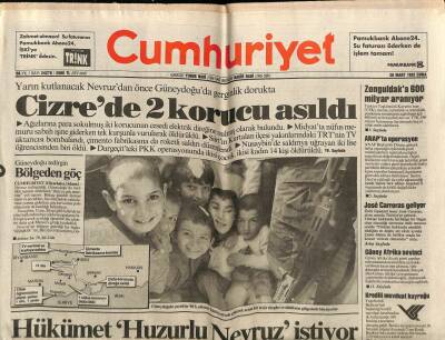 Cumhuriyet Gazetesi 20 Mart 1992 - Cizrede 2 Korucu Asıldı GZ76452 - 1