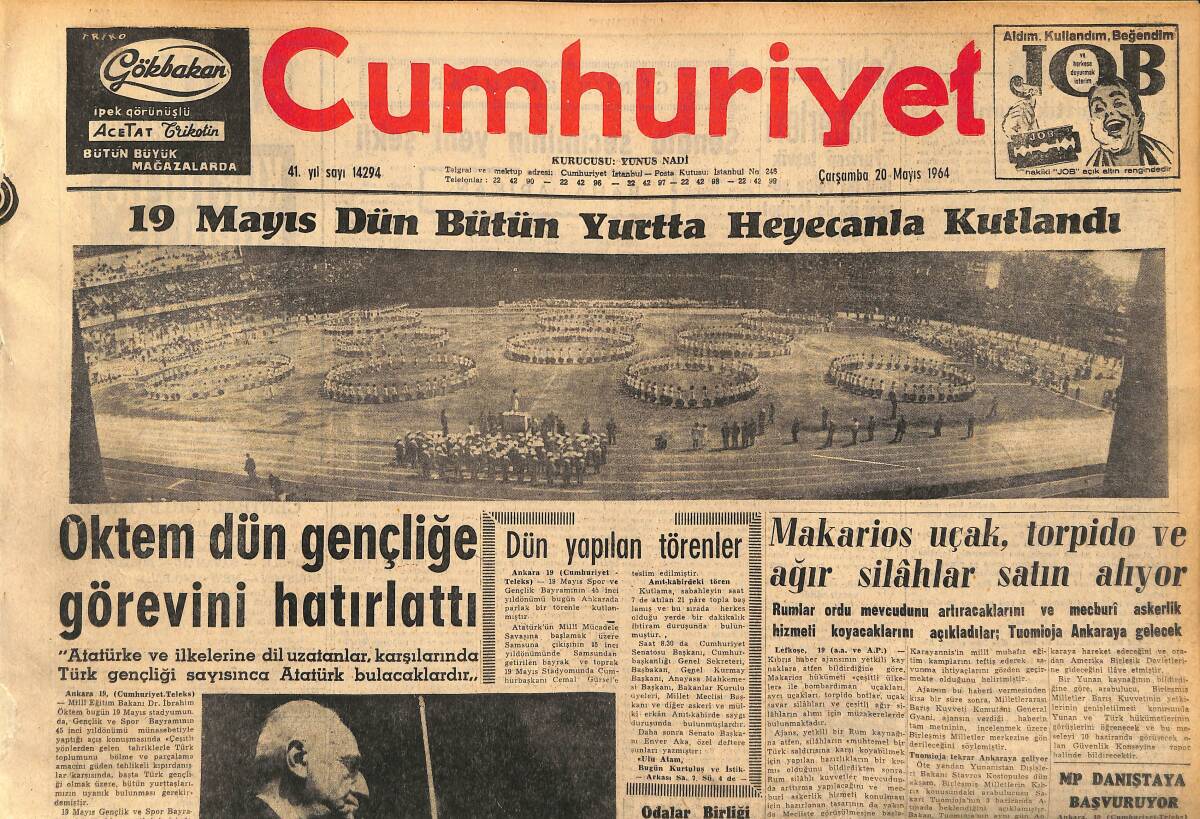 Cumhuriyet Gazetesi 20 Mayıs 1964 - Makarios Uçak,Torpido Ve Ağır Silahlar Satın Alıyor GZ160407 - 1