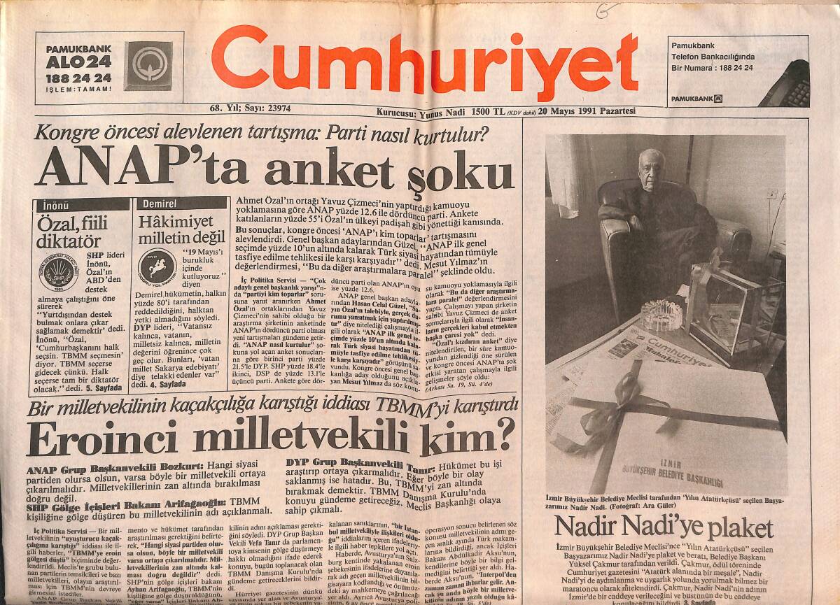 Cumhuriyet Gazetesi 20 Mayıs 1991 - Cannes'da En Uzun Gün - Karakolda ABD Bayrağı - Tanju 31 Golle Kral - Kıbrıs'ın Anahtarı Ankara'da GZ139778 - 1