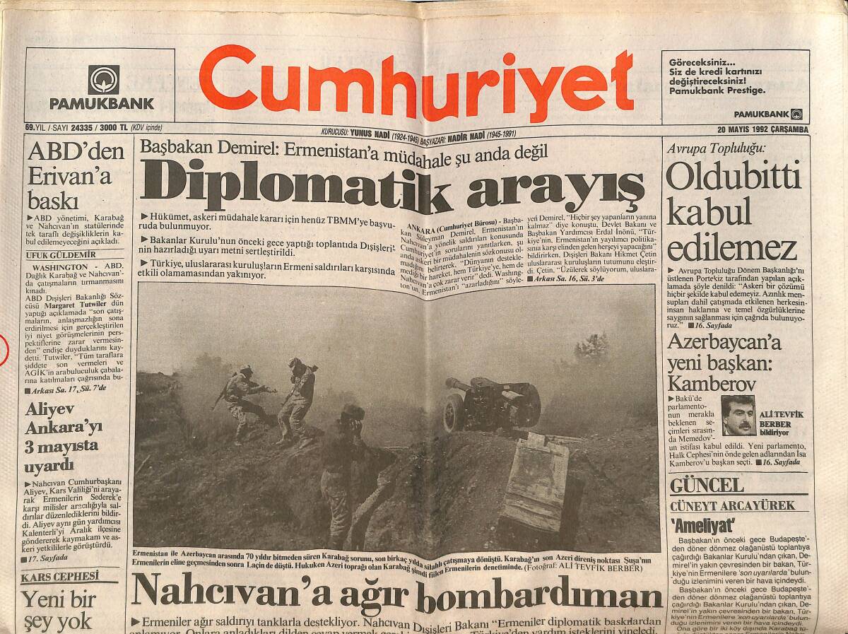 Cumhuriyet Gazetesi 20 Mayıs 1992 - Nahcıvan'a Ağır Bombardıman - K. Irak'ta Sakin Seçim GZ151964 - 1