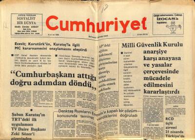 Cumhuriyet Gazetesi 20 Ocak 1976 - Milli Güvenlik Kurulu Anarşiye Karşı Anayasa Ve Yasalar Çerçevesinde Mücadele Edilmesini Kararlaştırdı GZ69859 - 1