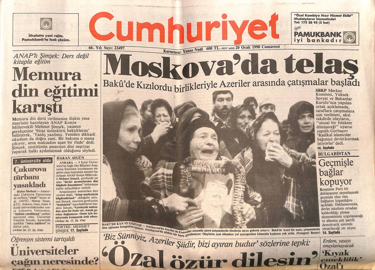 Cumhuriyet Gazetesi 20 Ocak 1990 - Moskova'da Telaş - Bush Ermeni Tasarısına Sessiz GZ151926 - 1