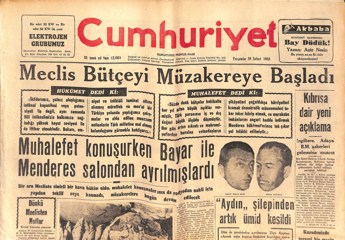 Cumhuriyet Gazetesi 20 Şubat 1958 - Muhalefet Konuşurken Celal Bayar İle Menderes Salondan Ayrılmışlardı! - Tunuslu Liderin Amerika'ya İhtarı GZ139242 - 1