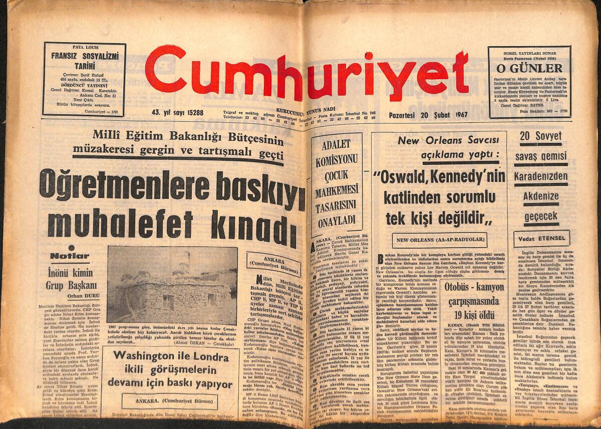 Cumhuriyet Gazetesi 20 Şubat 1967 - New Orleans Savcısı: Oswald, Kennedy'nin Katilinden Sorumlu Tek Kişi Değildir - Marlon Brando İstanbul'a Geldi GZ139800 - 1