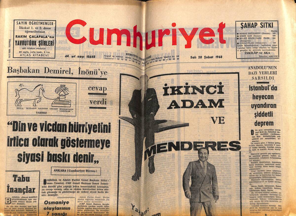 Cumhuriyet Gazetesi 20 Şubat 1968 - İstanbul'da Heyecan Uyandıran Şiddetli Deprem - Celal Bayar'ın Baldızının Kızı Öldürüldü GZ148729 - 1