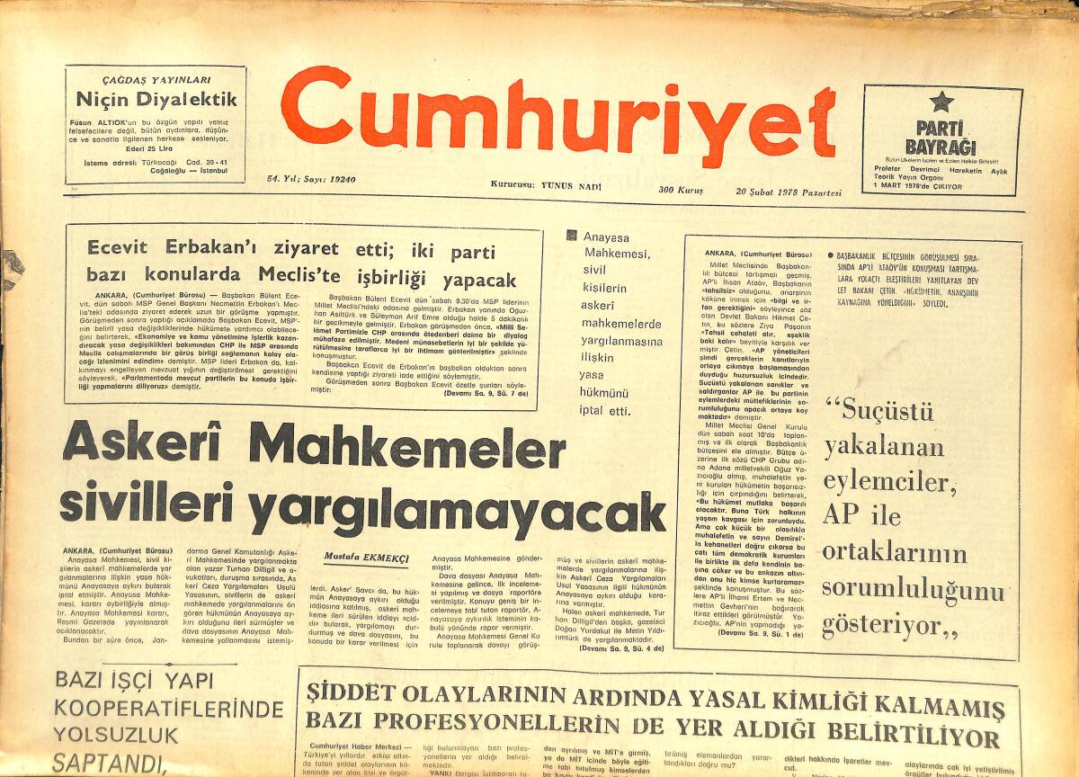 Cumhuriyet Gazetesi 20 Şubat 1978 - Askeri Mahkemeler Sivilleri Yargılayamayacak - Leon Spinks'in Ünvanı Tehlikede GZ143266 - 1