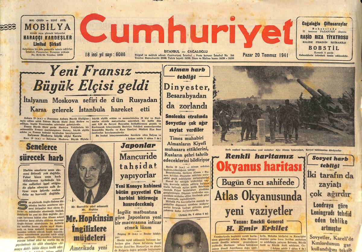 Cumhuriyet Gazetesi 20 Temmuz 1941 - Yeni Fransız Büyük Elçisi Geldi - Beşiktaş Klubüne Ağır Ceza GZ146540 - 1