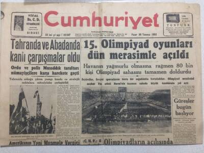 Cumhuriyet Gazetesi 20 Temmuz 1952 - 15.Olimpiyat Oyunları Açıldı GZ52489 - 1