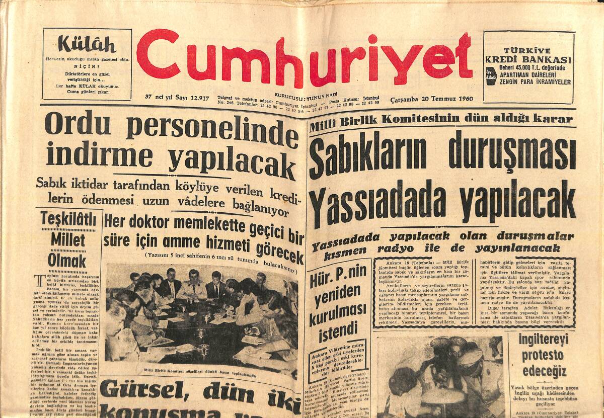 Cumhuriyet Gazetesi 20 Temmuz 1960 - Sabıkların Duruşması Yassıadada Yapılacak - İngiltere'yi Protesto Edeceğiz - Gürsel Dün İki Konuşma Yaptı GZ139125 - 1