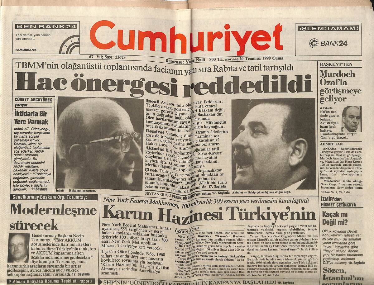 Cumhuriyet Gazetesi 20 Temmuz 1990 - Karun Hazinesi Türkiye'nin - Hac Önergesi Reddedildi GZ151884 - 1