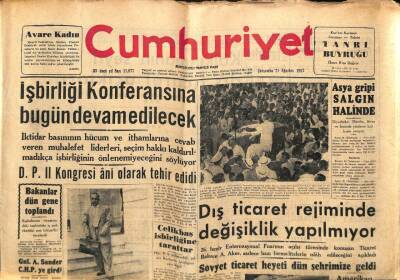 Cumhuriyet Gazetesi 21 Ağustos 1957 - Asya Gribi Salgın Halinde - B. Trakya Türklerinin Eğitimi Hazırlanıyor GZ96967 - 1
