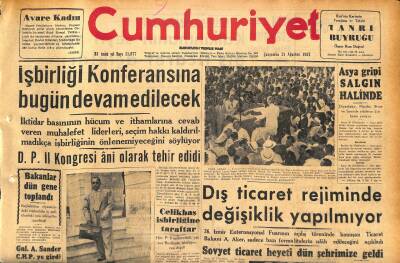 Cumhuriyet Gazetesi 21 Ağustos 1957 - Batı Trakya Türklerinin Eğitimi Baltalanıyor - Asya Gripi Salgın Halinde GZ120363 - 1