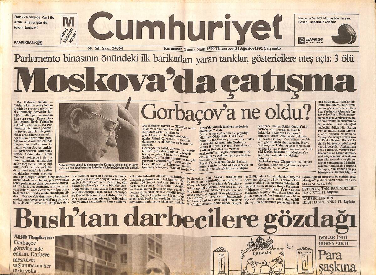 Cumhuriyet Gazetesi 21 Ağustos 1991 - Gorbaçov'a Ne Oldu ? - PKK , Almanya'da da Yasadışı GZ157884 - 1