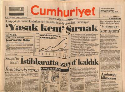 Cumhuriyet Gazetesi 21 Ağustos 1992 - Yasak Kent Şırnak GZ65090 - 2