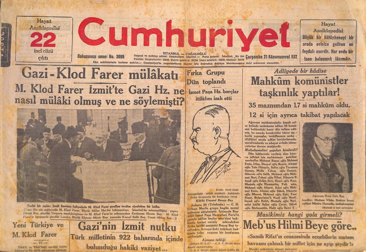 Cumhuriyet Gazetesi 21 Aralık 1932 - Mahkum Komünistler Taşkınlık Yaptılar! - Gazi-Klod Farer Mülakatı GZ146495 - 1