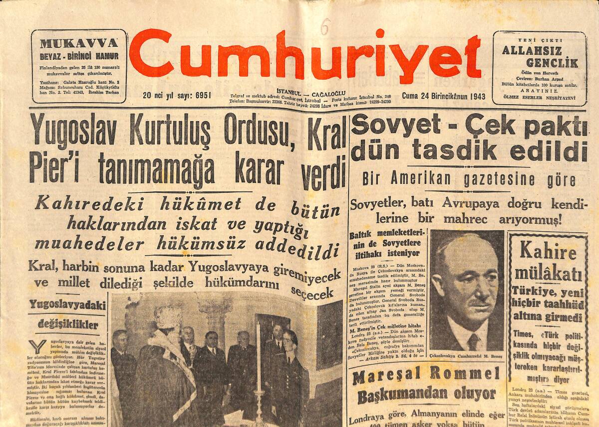 Cumhuriyet Gazetesi 21 Aralık 1943 - Mahmud Esad Bozkurt'un Cenazesi İzmir'e Götürüldü - Mareşal Rommel Başkumandan Oluyor GZ142415 - 1
