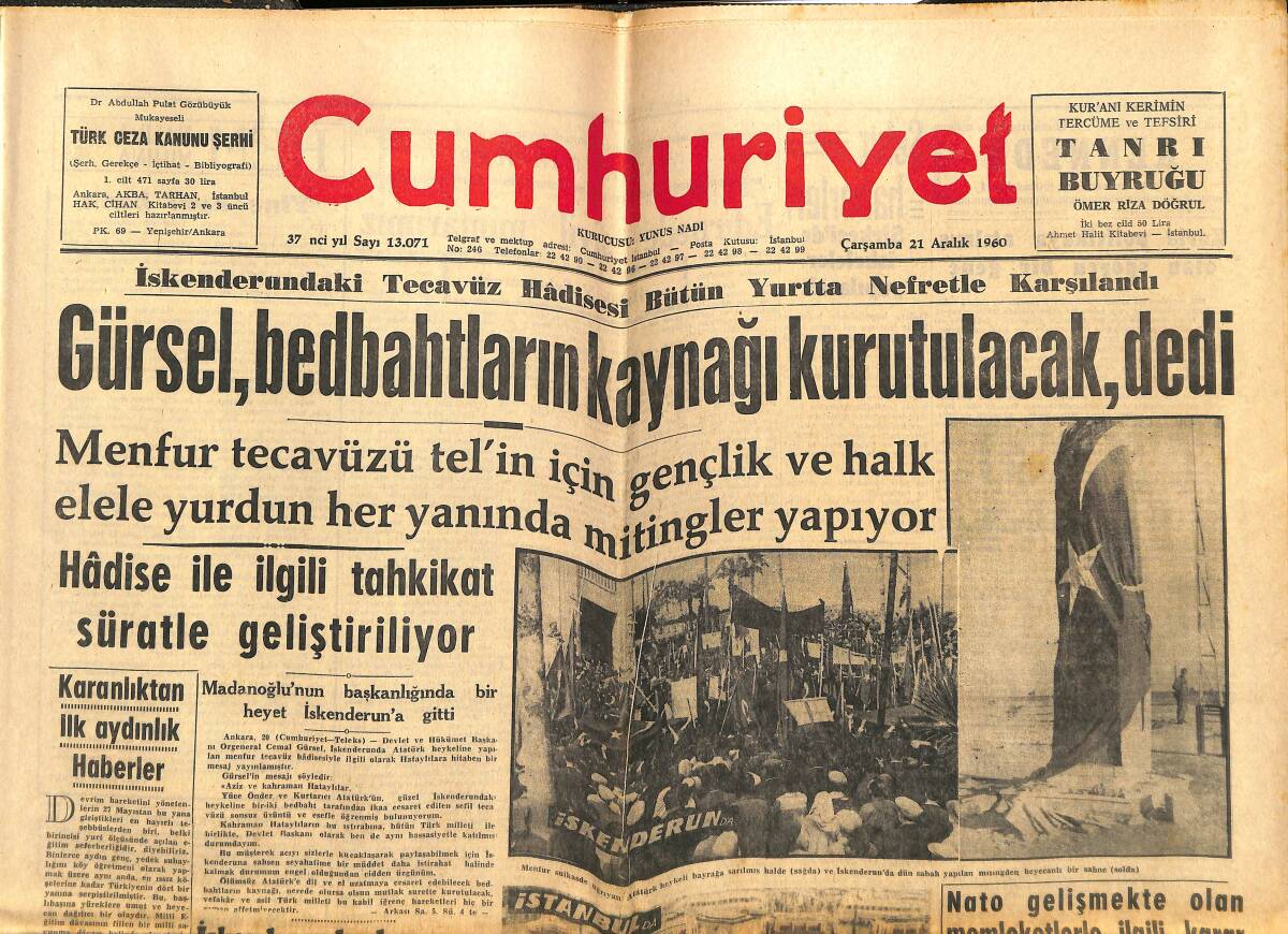 Cumhuriyet Gazetesi 21 Aralık 1960 - Gürsel, Bedhahların Kaynağı Kurutulacak Dedi - Kennedy Ve Eşi: Hayatı, Macera Ve Mücadeleleri GZ143569 - 1