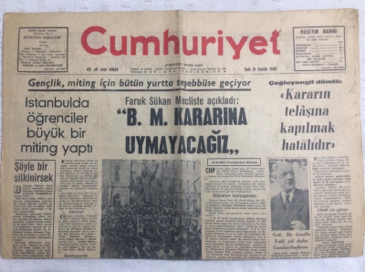 Cumhuriyet Gazetesi 21 Aralık 1965 - Faruk Sükan Mecliste AçıkladıBM Kararına Uymayacağız - GZ19201 - 1