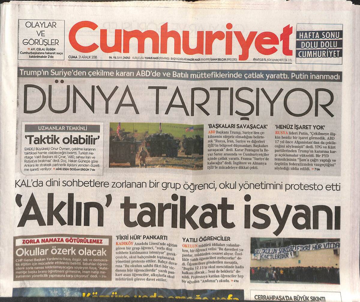 Cumhuriyet Gazetesi 21 Aralık 2018 - Sinyalizasyon Zorunludur - Suriyelilerin Eğitimine 400 Milyonluk Proje GZ135358 - 1