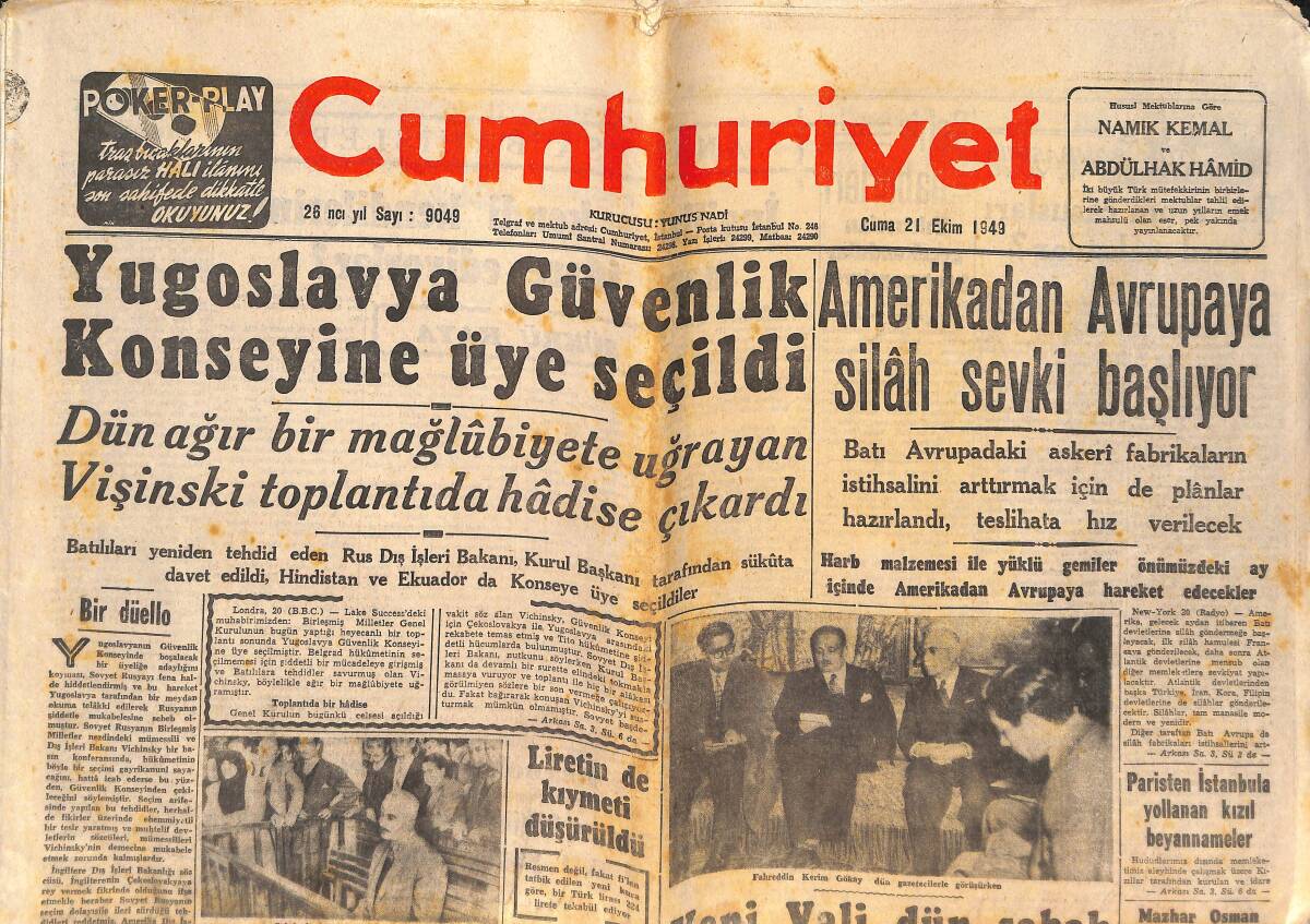 Cumhuriyet Gazetesi 21 Ekim 1949 - Amerika'dan Avrupa'ya Silah Sevki Başlıyor - Rus Atom Casusları Nasıl Çalıştılar? GZ146722 - 1