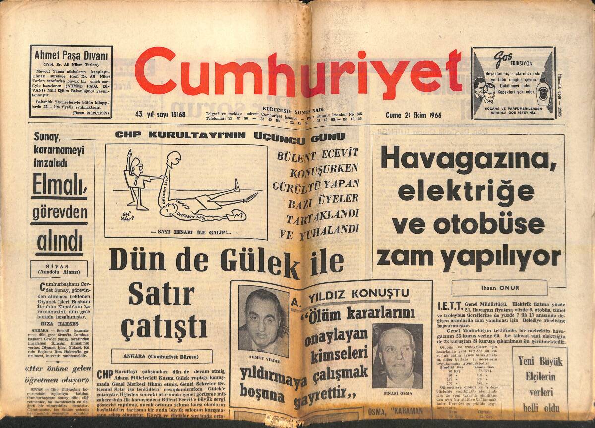 Cumhuriyet Gazetesi 21 Ekim 1966 - Sunay, Kararnameyi İmzaladı Elmalı Görevden Alındı - Süleyman Demirel Afganistan'a Davet Edildi! GZ139052 - 1