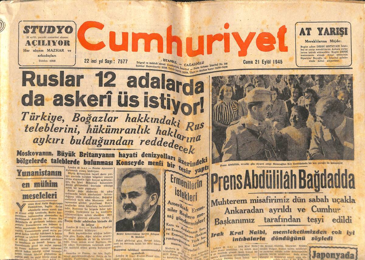 Cumhuriyet Gazetesi 21 Eylül 1945 - Prens Abdülilâh Bağdadda - Eyüb Halkı Ne İstiyor GZ141992 - 1
