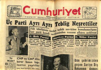 Cumhuriyet Gazetesi 21 Eylül 1957 - Üç Parti Ayrı Ayrı Tebliğ Neşrettiler GZ59312 - 1