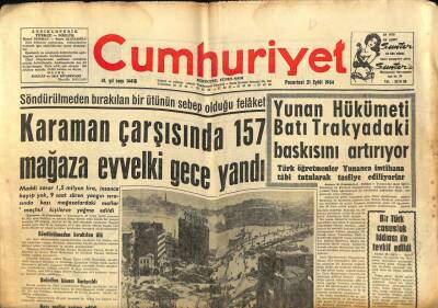 Cumhuriyet Gazetesi 21 Eylül 1964 - Karaman Çarşısında 157 Mağaza Evvelki Gece Yandı GZ62417 - 1